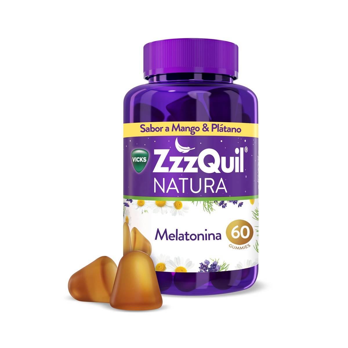 ZzzQuil NATURA gummies Plátano y Mango de Melatonina 1mg y Valeriana 
60u.